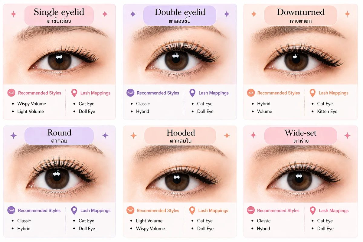 Comparison chart: six eye shapes — single eyelid, double eyelid, downturned, round, hooded, and wide-set — each with the recommended lash extension styles (Classic, Hybrid, Light Volume, Wispy Volume, Mega Volume) and lash mappings (Cat Eye, Doll Eye, Kitten Eye), from the My Lash House Chiang Mai eye-shape style guide